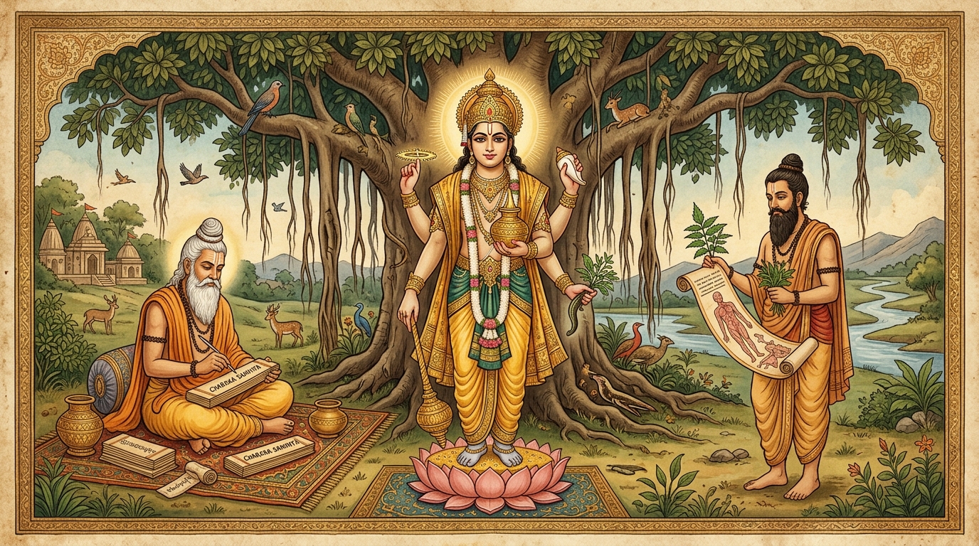 Lord Dhanvantari, Acharya Charaka and Acharya Sushruta under the sacred Banyan tree