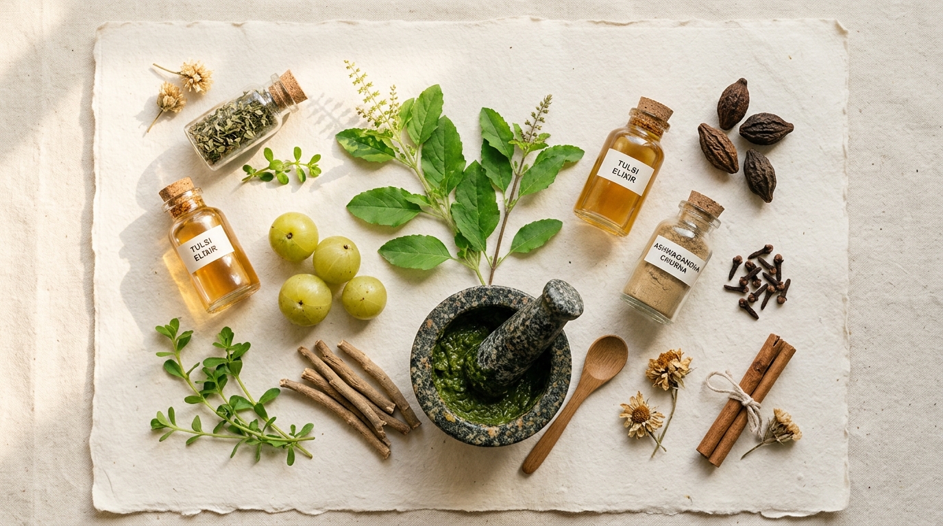 Sacred Ayurvedic botanical plants, roots and elixirs